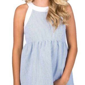 NWT Lauren James Layla Peplum Top Royal Blue Seersucker Size SMALL